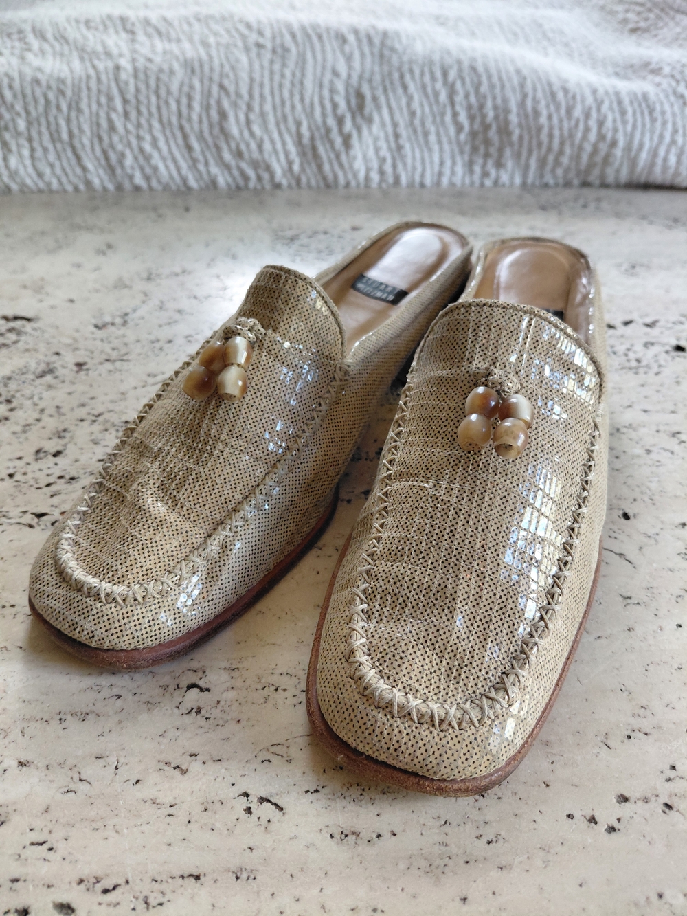 Stuart Weitzman Beige Metallic Leather Beaded Mule Loafers